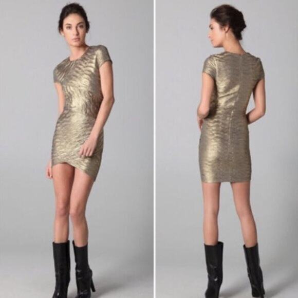 Torn By Ronny Kobo Kaitlyn Mini Bodycon Gold Metallic Ruched Dress Size Small - Picture 1 of 16